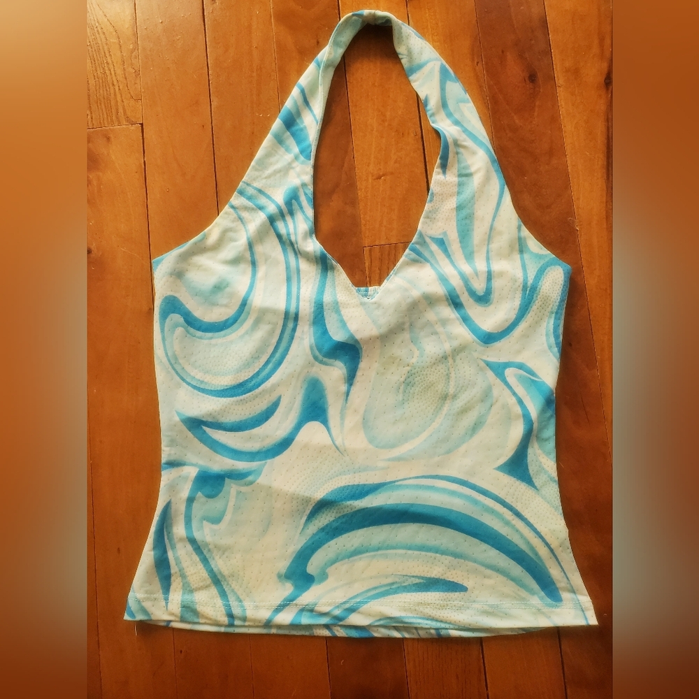 Vintage V-Neck Blue and White Swirl Halter Top